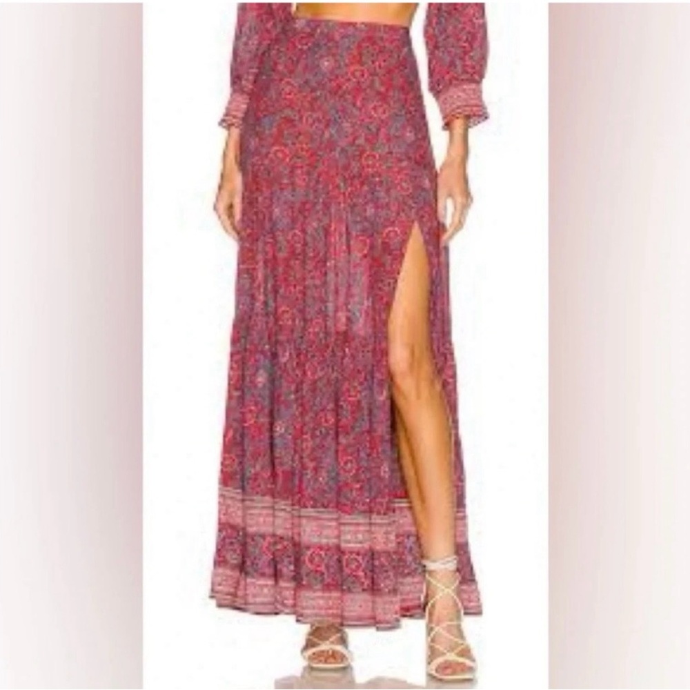Veronica Beard Serence Floral red Maxi Skirt, Spicy red, tiered, slit, 0